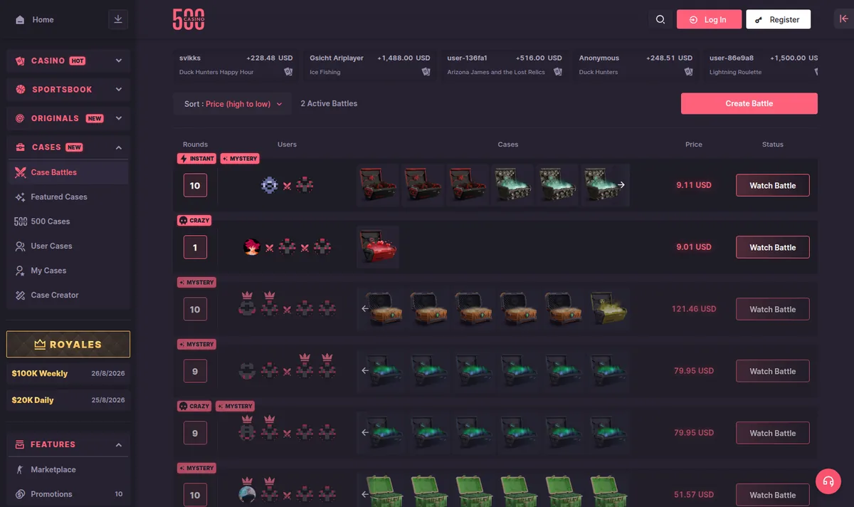 The CSGO500 Case Battles lobby list, with entry cost, mode and players waiting