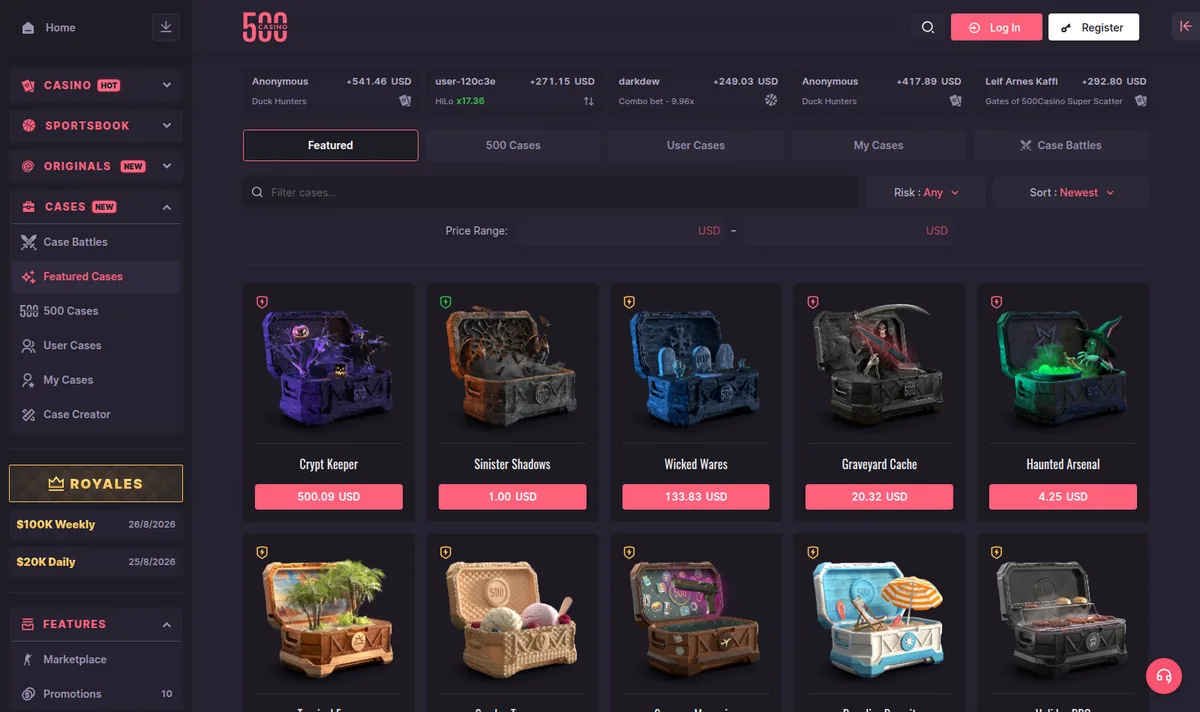 The CSGO500 case catalogue, showing each case with its price and the top items inside
