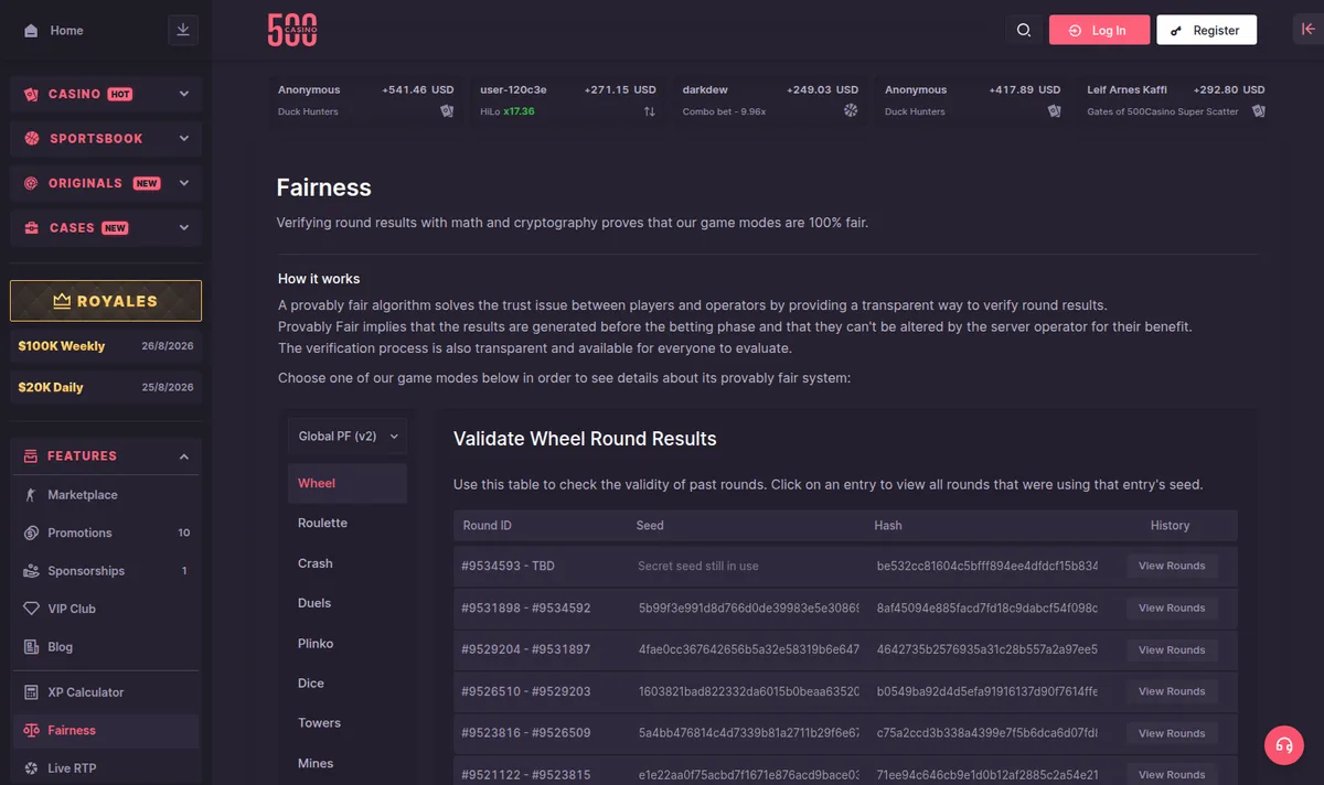 The CSGO500 Fairness page — round ID ranges, seeds, hashes and a View Rounds link for each block