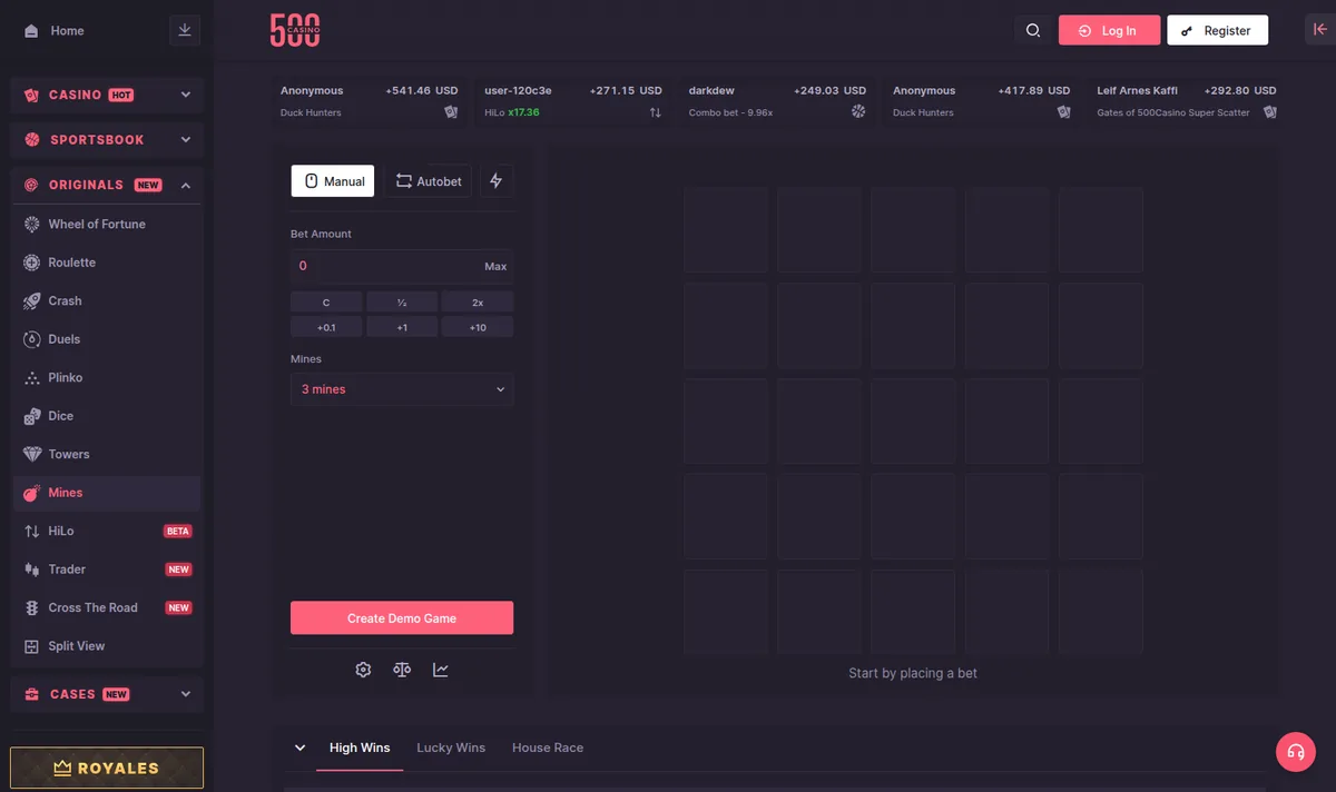 CSGO500 Mines — the tile grid, bomb count and the running multiplier