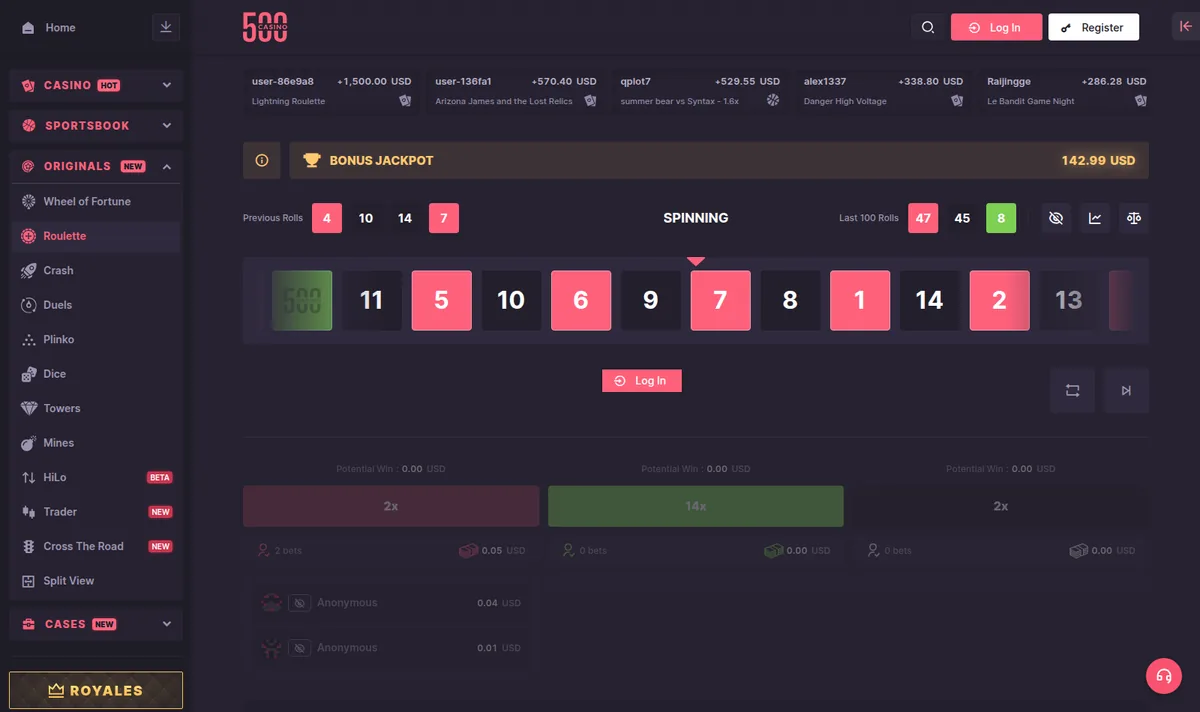 CSGO500 Roulette — previous rolls, the live number strip and the three betting columns