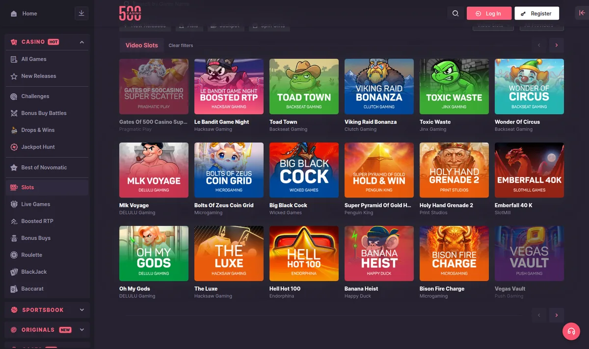 The CSGO500 slots lobby, filtered to video slots, showing provider badges on each tile